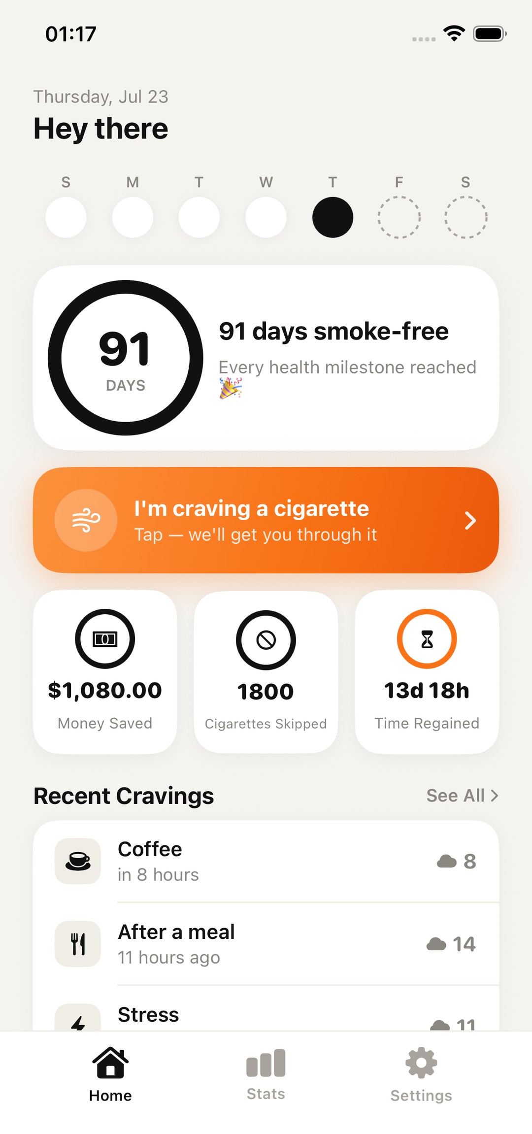 Hushnic home screen showing 91 days smoke-free